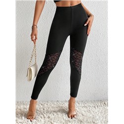 SHEIN Privé Leggings mit Kontrast Netzstoff, Einsatz, Strass Detail,