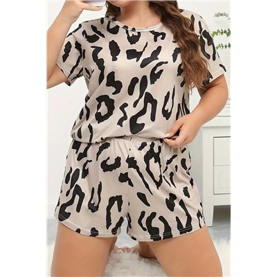 Simply Taupe Plus Size Leopard Tee Shorts Lounge Set