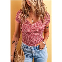 Red Wrapped V Neck Short Sleeve Floral Bodysuit