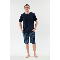 Пижама мужская из футболки с коротким рукавом и бридж из кулирки Генри темно-синий