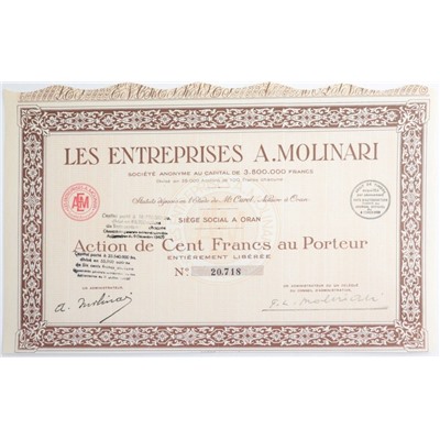 Акция Компания A.Molinari, 100 франков, Франция