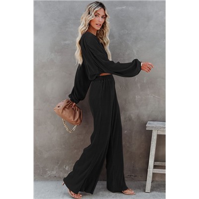 Black Corded Cropped Pullover and Wide Leg Pants Set