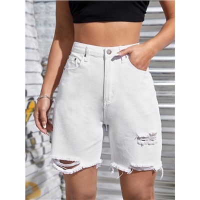 Denim Shorts mit hoher Taille, Riss, umgesäumtem Saum