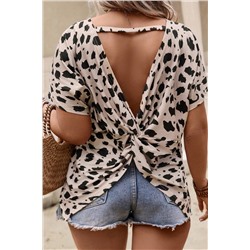 Khaki Leopard Print Twist Open Back Plus Size Top