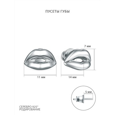 Серьги-пусеты из серебра родированные - Губы 220-10-170-1р