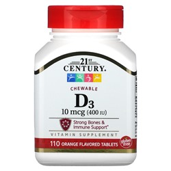 21st Century Vitamin D3, Chewable, Orange, 100 mcg (400 IU), 110 Tablets