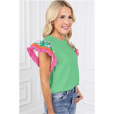 Light Green Contrast Ricrac Floral Sleeve Top