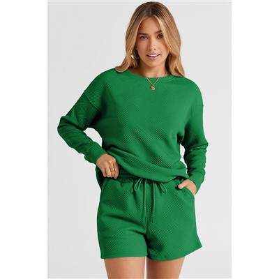 Green Textured Long Sleeve Top and Drawstring Shorts Set