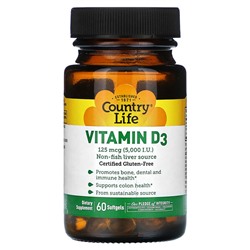 Country Life Витамин D3 - 125 мкг (5000 МЕ) - 60 мягких капсул - Country Life