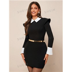 SHEIN Clasi Damen kurzes Cocktailkleid mit Trompetenärmeln, Hemdkragen, Slim Fit, Farbblockdesign in Schwarz & Weiß, vielseitig für Frühling, Herbst, Winter, elegant für formelle Anlässe, Partys, Dates