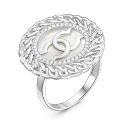 Кольцо женское из серебра с перламутром и фианитами родированное