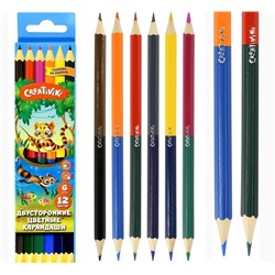 Набор цветных карандашей двухсторонние, 6 штук, 12 цветов, шестигранные, дерево, Creativiki