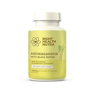 Right Health Nutra Ashwagandha Capsules - 60 Count - 1300mg Per Serving - Organic Ashwagandha for Men and Women with Black Pepper for Maximum Absorption - Ashwagandha Supplements Made in The USA