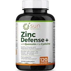 Naturals Sun Nutritionals Zinc Defense+ with Quercetin, Bromelain, L-Cysteine, EGCG (Green Tea Extract), Vitamins C, D3 & K2, 2-Month Supply, 120 VCaps, Non-GMO, Gluten Free
