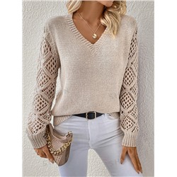 SHEIN LUNE Pullover mit Einfarbig V-Ausschnitt, Pointelle Strick