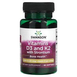 Swanson Витамин D3 и K2 сo Стронцием - 1000МЕ (25 мкг) - 60 мягких капсул - Swanson