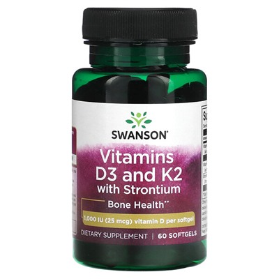 Swanson Витамин D3 и K2 сo Стронцием - 1000МЕ (25 мкг) - 60 мягких капсул - Swanson