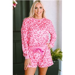 Pink Leopard Long Sleeve Satin Tie Shorts Two Piece Set