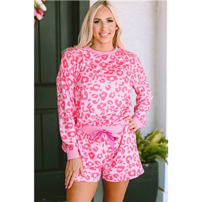 Pink Leopard Long Sleeve Satin Tie Shorts Two Piece Set