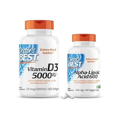 Doctor's BEST Bundle Vitamin D3 5,000 360 Count Alpha-Lipoic Acid 600,60 Veggie CapsNon-GMO, Gluten Free, Vegan, Soy Free