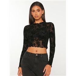 SHEIN Tall Crop Top mit Wellensaum, Beflockt Mesh ohne BH