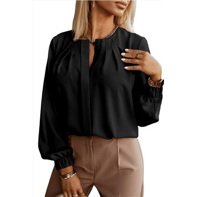 Black Crew Neck Gathered Stretch Cuff Shirt