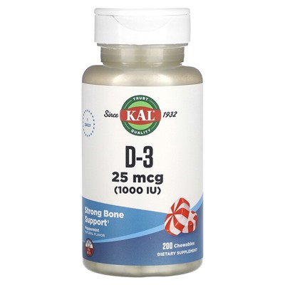 KAL D-3, Мята перечная, 25 мкг (1000 МЕ), 200 жевательных таблеток