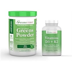 Greens First - Mint - 30 Servings - Greens Powder Superfood, 49 Superfoods, 15+ Organic Fruit & Vegetables, Dairy Free, Vegan & Non-GMO - 9.86 oz and D3+K2 Vitamins, 60 Vegetable Capsules