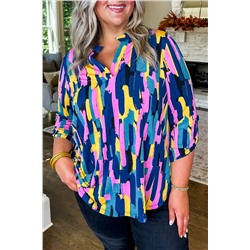 Blue Plus Size Brushstroke Print 3/4 Sleeve Blouse