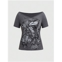 ROMWE Fairycore Damen Off-shoulder T-shirt Mit Schmetterlingsdruck Und Kurzen Ärmeln