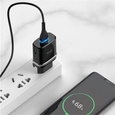 Зарядное устройство Hoco C12Q QC3.0 3А USB + кабель Type C, чёрное