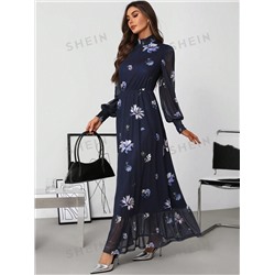 SHEIN Clasi Damen Chiffon Kleid mit Blume Muster, Rüschenkragen und Manschetten, eleganter fließender Stil geeignet für Frühling, Sommer, Herbst und Winter Urlaub, Strand, Streetwear