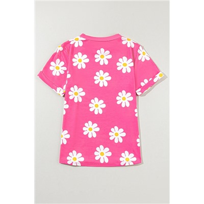 Pink Daisy Printed Crewneck T Shirt