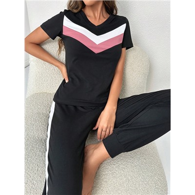 Chevron Muster, T-Shirt mit & Tunnelzug, Hose mit Pyjama Set mit