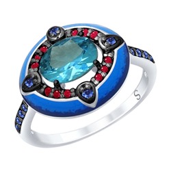 Кольцо из серебра с эмалью с синим ситаллом и красными и синими фианитами, 92011699