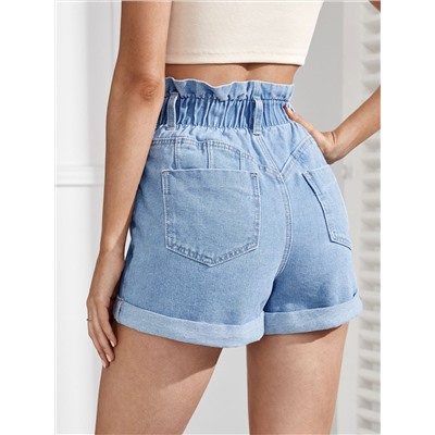 Denim Shorts mit hoher Taille, Rüschen, gerolltem Saum