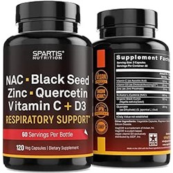 SPARTIS NAC 600mg Black Seed 500mg Zinc Picolinate Quercetin Vitamin C Vitamin D3 Respiratory Support (Pack of 1 Bottle at 120-Caps)