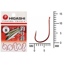 Крючок HIGASHI Umitanago ringed, № крючка 8, красный, 10 шт., набор, 01355