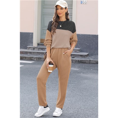 Khaki Corded 2pcs Colorblock Pullover and Pants Outfit