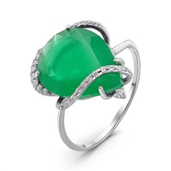 Кольцо из серебра с пл.кварцем цв.зелёный агат и куб.циркония родированное 925 пробы 01-2584