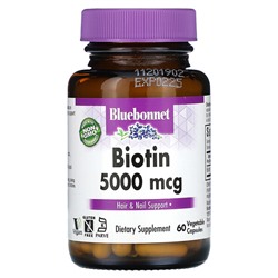 Bluebonnet Nutrition Биотин, 5000 мкг, 60 растительных капсул
