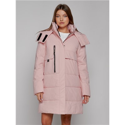 Пальто утепленное с капюшоном зимнее женское розового цвета 52426R