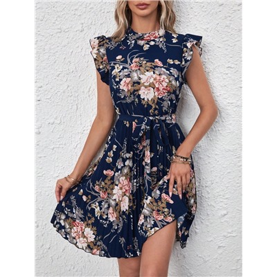 SHEIN LUNE Kleid mit Gürtel, Blume Muster, Rüschenbesatz, Falten am Saum,