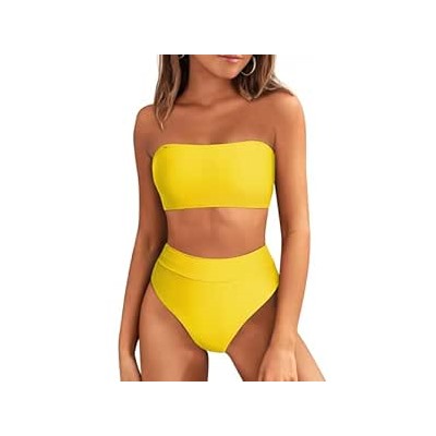Pink Queen Women's Removable Strap Pad High Wiast Set SwimYellow XL