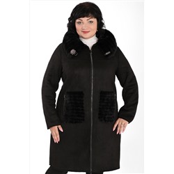 Пальто женское черное из искусственной замши с мехом на молнии спереди