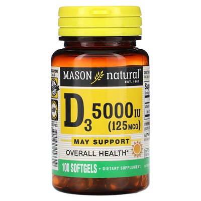 Mason Natural Витамин D3 - 5000 МЕ - 100 мягких капсул - Mason Natural