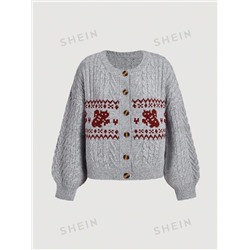 SHEIN MOD Damen Vintage College-Stil gemusterte Strick-Cardigan, für Frühling und Herbst