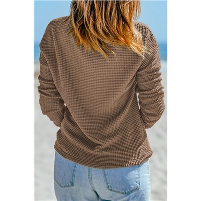 Dark Brown Waffle Knit Drop Shoulder Long Sleeve Top