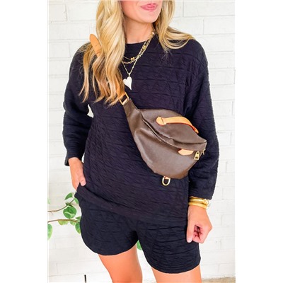 Black Textured Long Sleeve Top Shorts Outfit