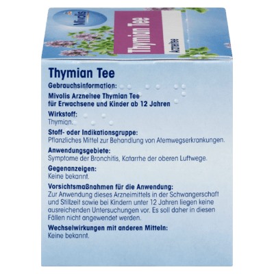 Mivolis Arznei-Tee, Thymian Tee Лечебный чай из тимьяна для лечения респираторных заболеваний с симптомами бронхита, (12пакетиков x 1,4 гр), 16,8 гр